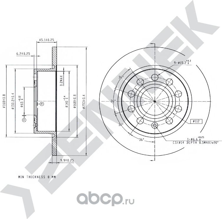 Диск тормозной задний AUDI A3 03-15 SKODA KAROQ 18 (Zennek). Артикул DBD0031