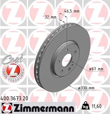Тормозной диск Zimmermann Coat Z передний для Chrysler Crossfire 2004-2007. Артикул 400.3673.20