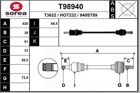 Полуось (привод в сборе, приводной вал) EAI. Артикул T98940