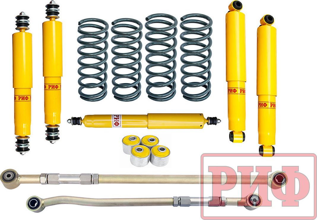 Лифт-комплект РИФ жесткий для Nissan Patrol Y60, Y61 (правый руль) 1987-2000, лифт 50 мм, нагрузка передних пружин + 100 кг, задних рессор до +0-400 кг. Артикул RIF-Y60-C-R