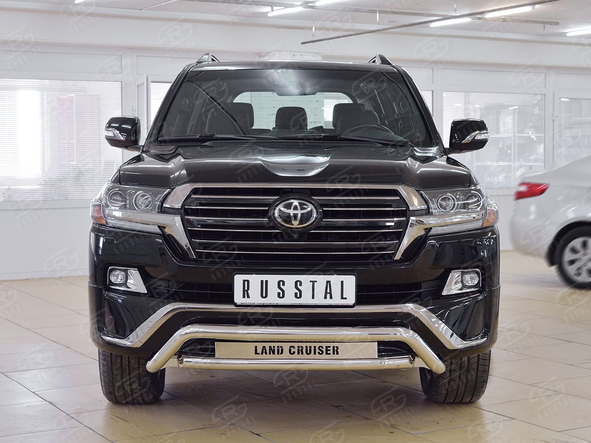 Защита RusStal переднего бампера d63 волна-d63 секции с надписью для Toyota Land Cruiser 200 2015-2021. Артикул TLCZ-002551