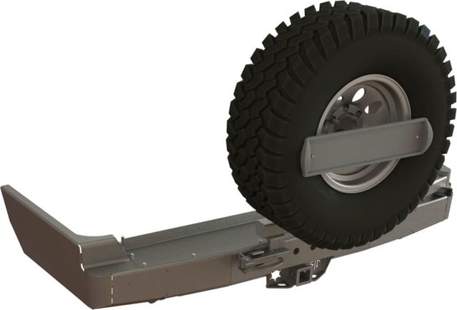 Бампер силовой задний STC для Toyota Land Cruiser 100 1998-2007 с квадратом под фаркоп, кронштейном крепления запасного колеса по центру и кронштейном крепления гос номера. Артикул STC-TLC100-BR-C1