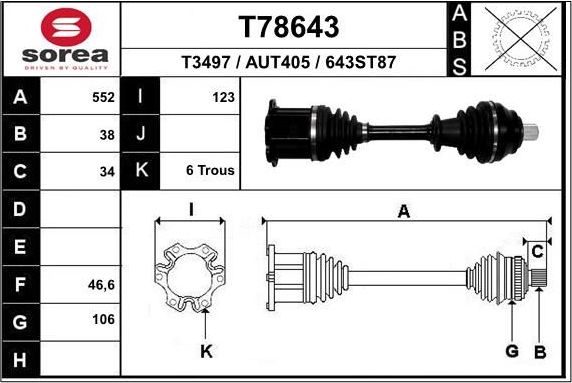Полуось (привод в сборе, приводной вал) EAI. Артикул T78646