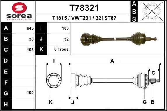 Полуось (привод в сборе, приводной вал) EAI. Артикул T78321