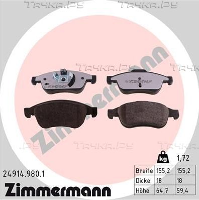 Тормозные колодки Zimmermann rd:z передние для Dacia Duster I 2010-2018. Артикул 24914.980.1