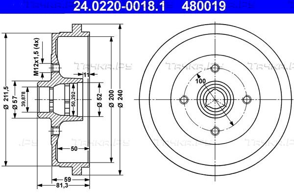 Тормозной барабан ATE задний для Volkswagen Golf III 1991-1999. Артикул 24.0220-0018.1
