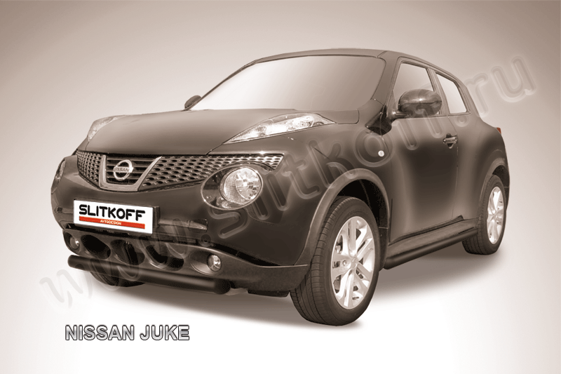 Защита Slitkoff переднего бампера d57 короткая ЧЕРНАЯ матовая для Nissan Juke 2WD 2010-2019. Артикул NJ2WD-002B