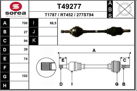 Полуось (привод в сборе, приводной вал) EAI. Артикул T49277