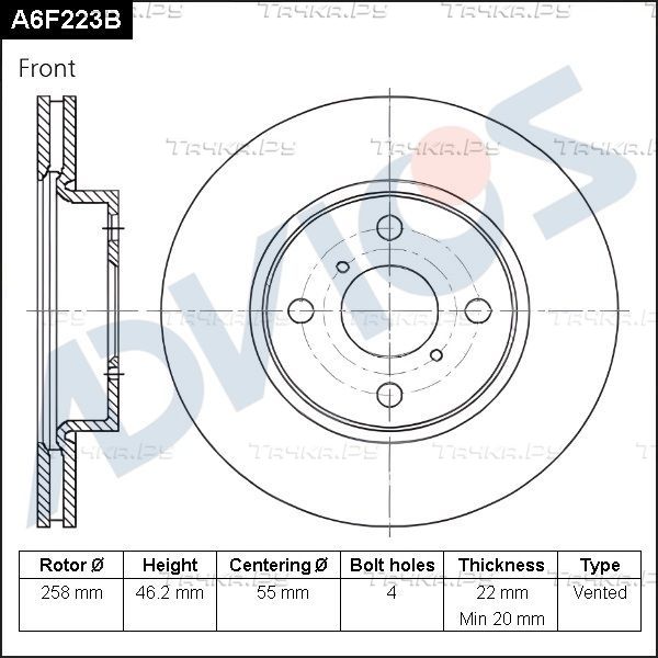 Тормозной диск Advics для Toyota Vios I 2002-2008. Артикул A6F223B