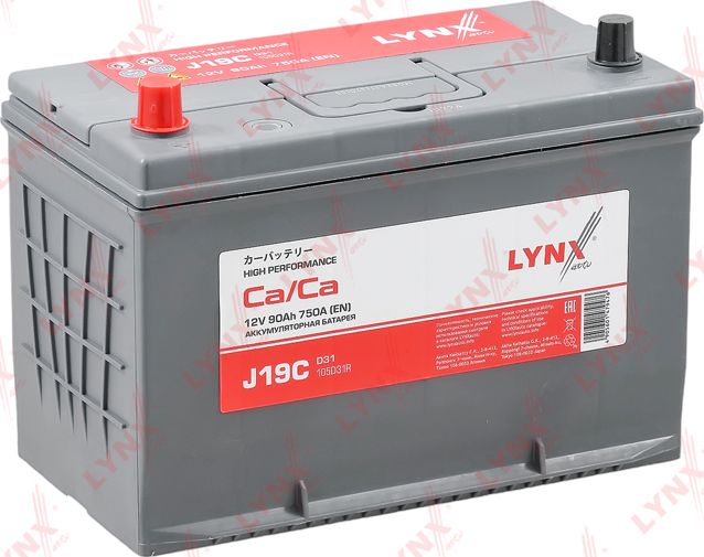 Аккумулятор 90 Ah, 750 A, прямая, 301X172X220, JIS 105D31R (Lynxauto) Lynxauto. Артикул J19C