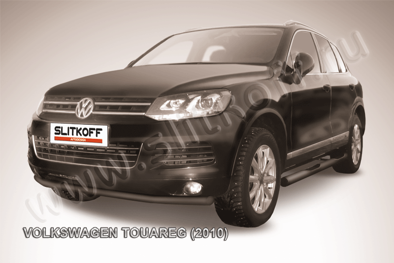 Защита Slitkoff переднего бампера d57 ЧЕРНАЯ матовая для Volkswagen Touareg II 2010-2014. Артикул VWTR-005B