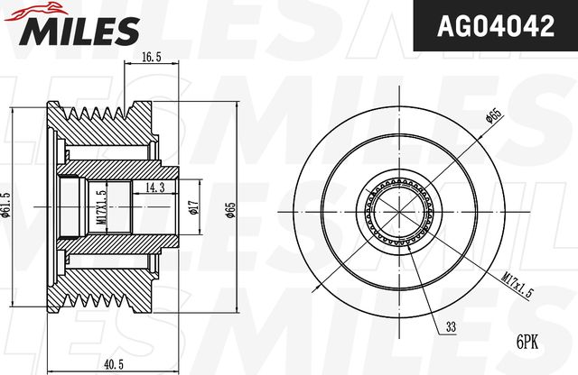 Муфта генератора обгонная Miles для Fiat Doblo I 2001-2013. Артикул AG04042