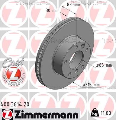Тормозной диск Zimmermann Coat Z передний для PUCH G-modell W460 1979-1991. Артикул 400.3614.20