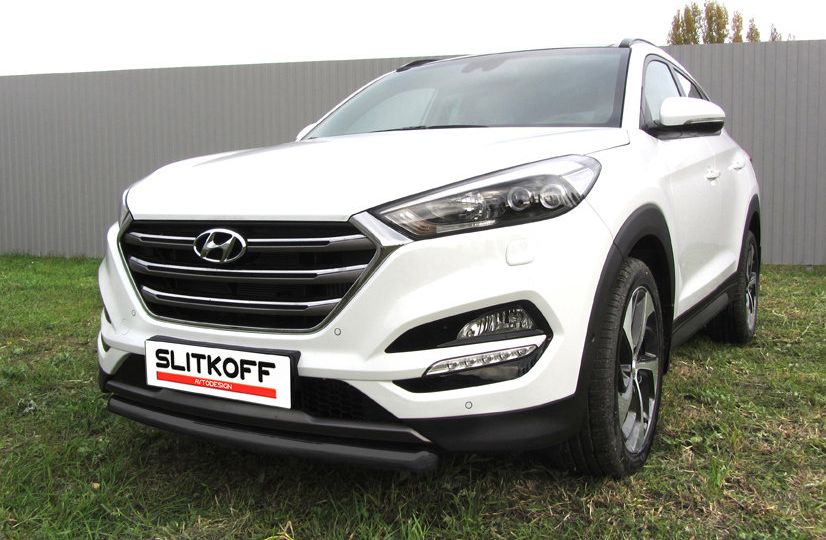 Защита Slitkoff переднего бампера d57 для Hyundai Tucson III 4WD 2015-2026 Черная. Артикул HT4WD15003B