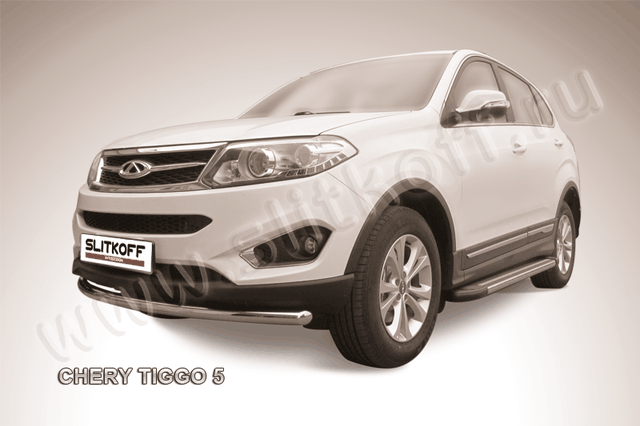 Защита Slitkoff переднего бампера d57 радиусная для Chery Tiggo 5 2014-2020. Артикул CT5-003