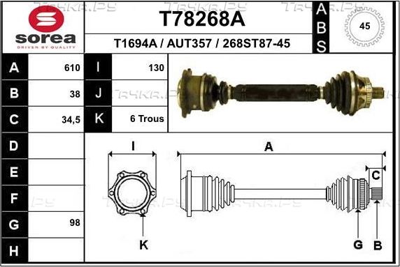 Полуось (привод в сборе, приводной вал) EAI. Артикул T78708
