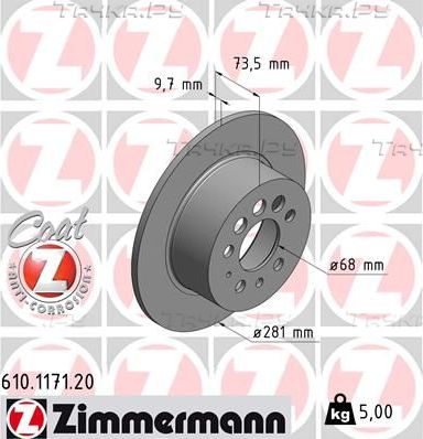 Тормозной диск Zimmermann Coat Z задний для Volvo 960 I 1990-1996. Артикул 610.1171.20