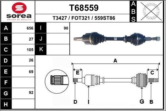 Полуось (привод в сборе, приводной вал) EAI передняя левая для Ford Mondeo V 2014-2026. Артикул T68559