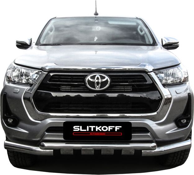 Защита Slitkoff переднего бампера d76/57 двойная с профильной ЗК для Toyota Hilux VIII рестайлинг 2020-2026. Артикул THL20-001
