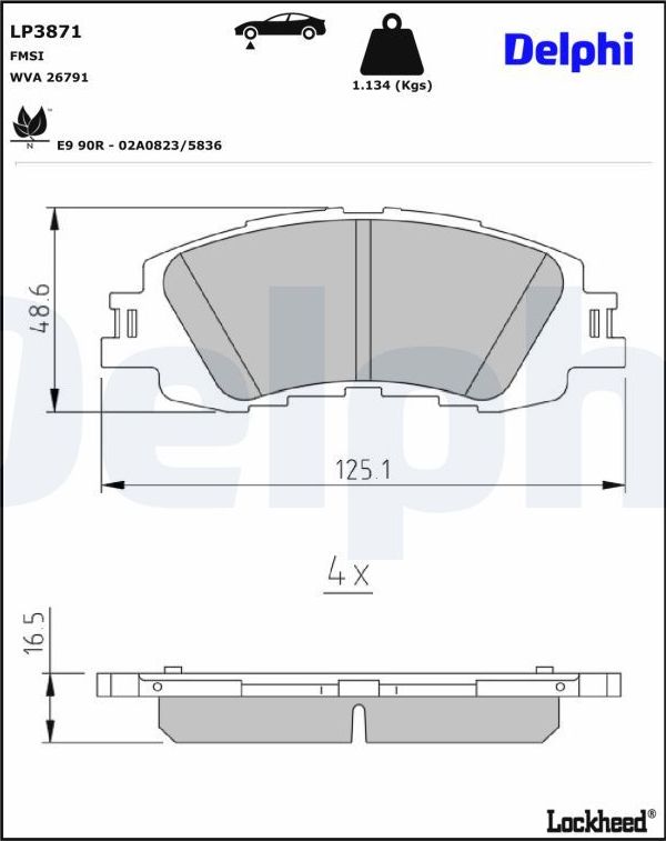 Тормозные колодки Delphi (Low-Metallic) для Toyota Yaris XP210 2020-2026. Артикул LP3871