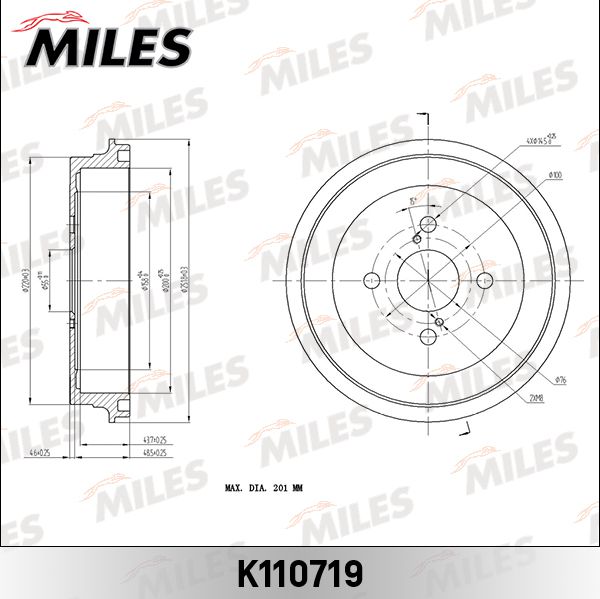 Тормозной барабан Miles задний для Toyota Yaris II 2005-2012. Артикул K110719