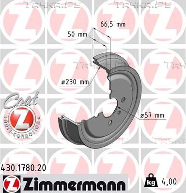 Тормозной барабан Zimmermann Coat Z задний для Opel Astra G 1998-2009. Артикул 430.1780.20