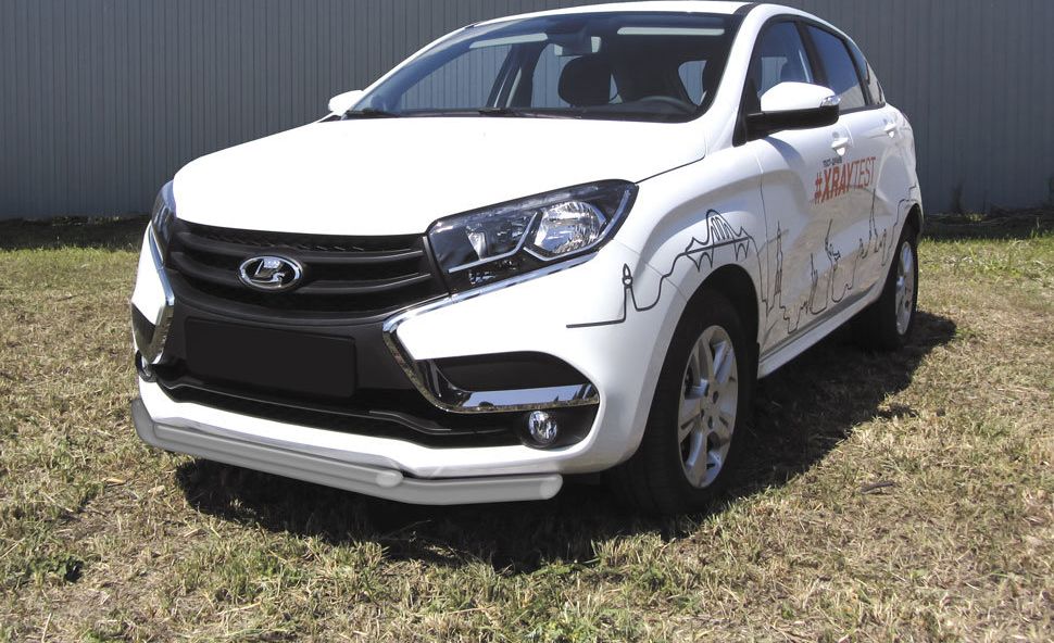 Защита Slitkoff переднего бампера d57+d42 двойная для Lada Xray 2015-2026 Серебристая. Артикул LadXR003S