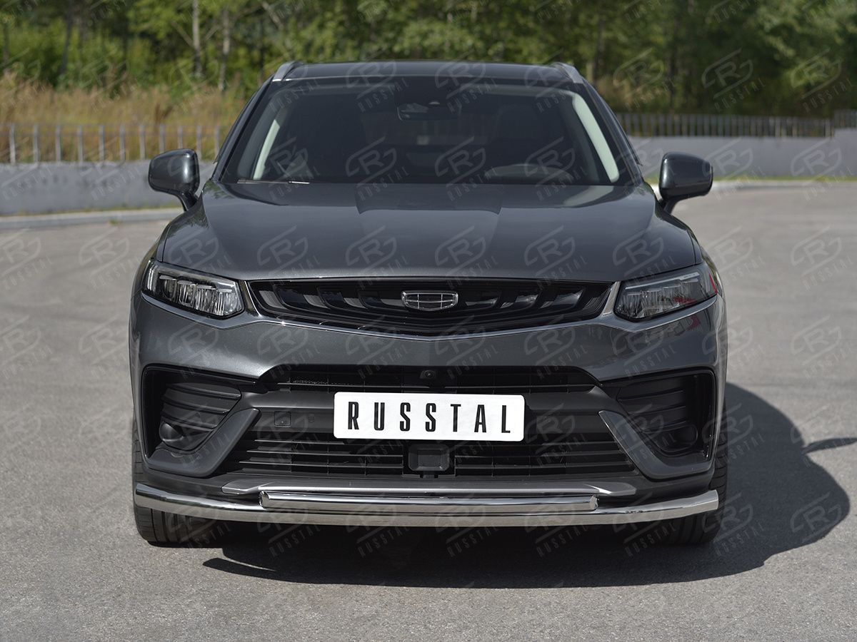 Защита RusStal переднего бампера d63 секции-d42 дуга для Geely Tugella 2020-2026. Артикул GTGZ-003943