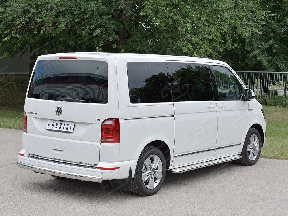 Защита RusStal заднего бампера 75х42 дуга для Volkswagen Multivan T6 (длинная база) 2015-2026. Артикул VCTZ-002318
