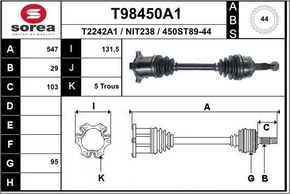 Полуось (привод в сборе, приводной вал) EAI. Артикул T98450A1