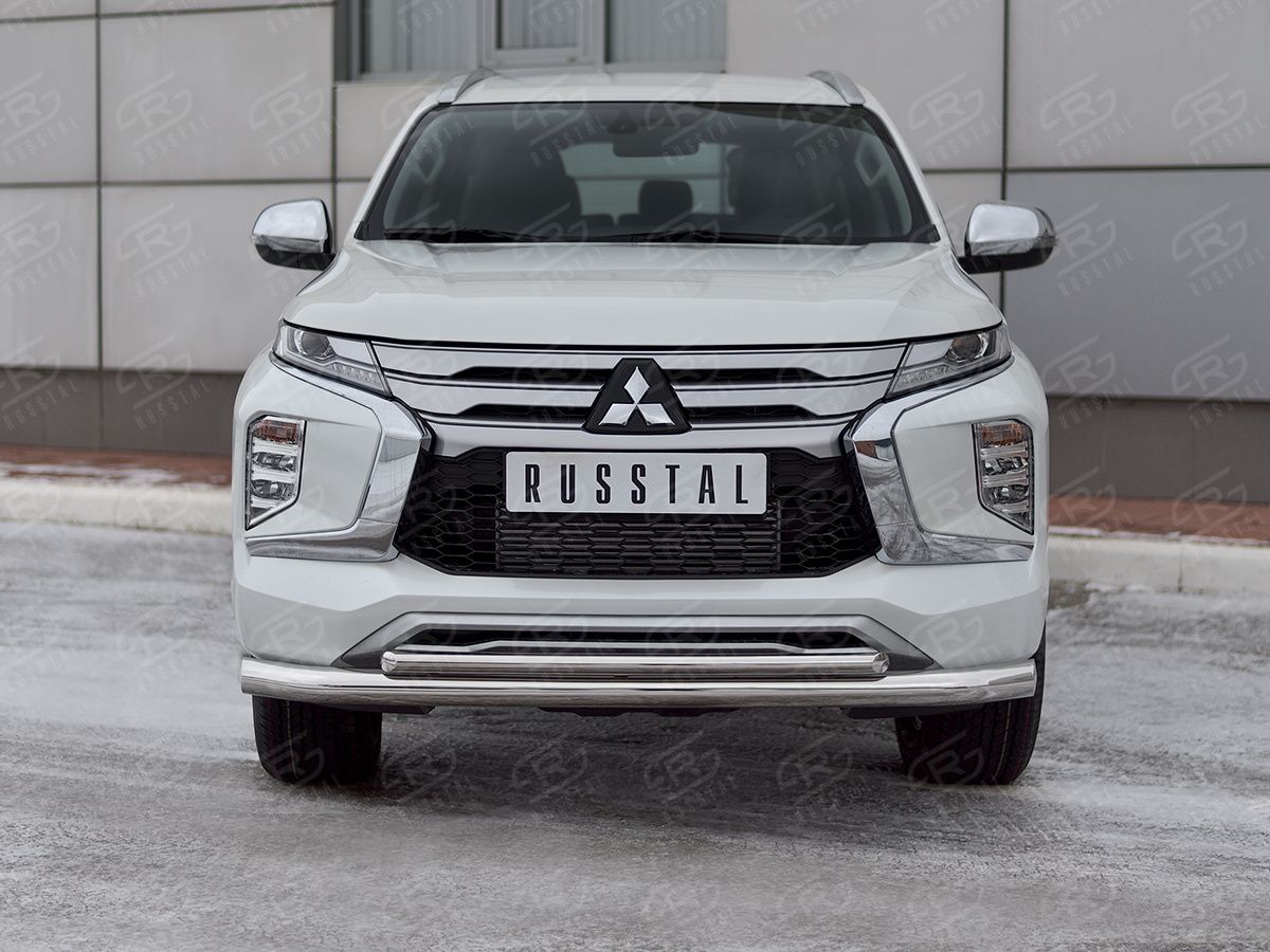 Защита RusStal переднего бампера d76 секции-d42 дуга для Mitsubishi Pajero Sport III рестайлинг 2021-2026. Артикул MPJSZ-003655