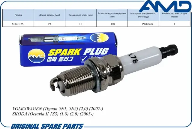 Свеча зажигания (Platinum) VWTiguan 5N1,5N2 2.0 07-/SKODA Octavia II 1Z3 1.8/2.0 (AMD). Артикул AMD.PL78