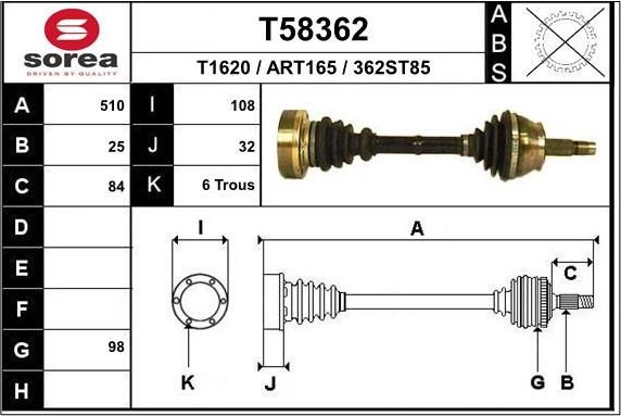 Полуось (привод в сборе, приводной вал) EAI. Артикул T58362