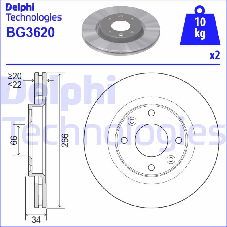 Тормозной диск Delphi передний для Peugeot 307 I 2001-2009. Артикул BG3620