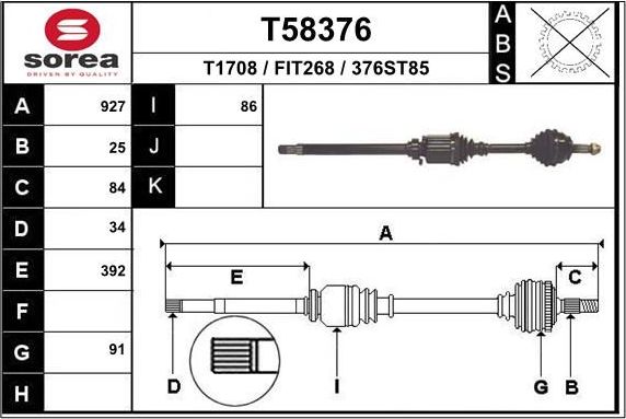 Полуось (привод в сборе, приводной вал) EAI. Артикул T58376
