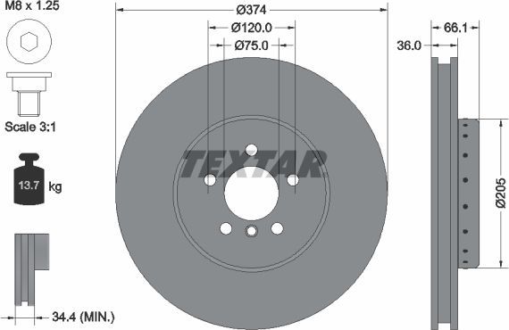 Тормозной диск Textar Pro+ передний левый для BMW 6 III (F06/F13/F12) 2010-2018. Артикул 92266025