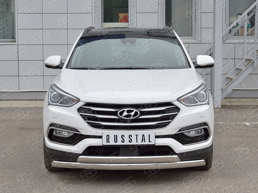 Защита RusStal переднего бампера 75х42 дуга-75х42 дуга для Hyundai Santa Fe Premium III 2015-2026. Артикул HSFPZ-002444