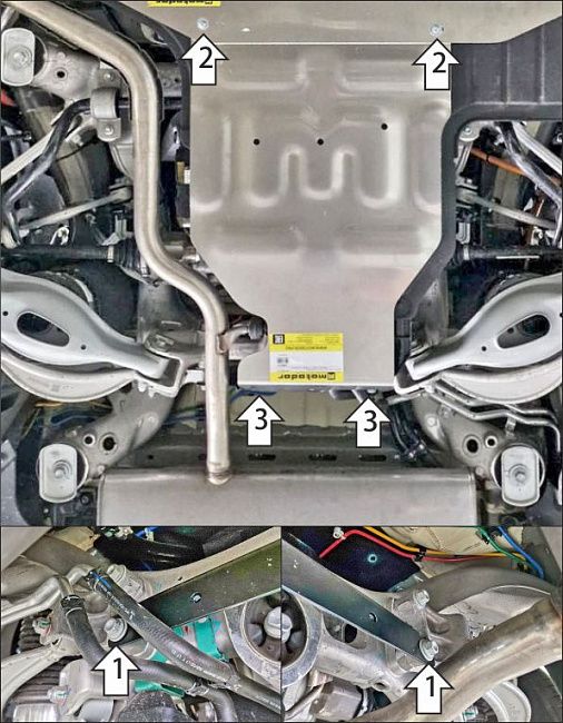 Защита алюминиевая Мотодор усиленная для заднего электромотора, трубок охлаждения электромотора Voyah Dream в комплектации PHEV Long Range 2021-2026. Артикул 348610