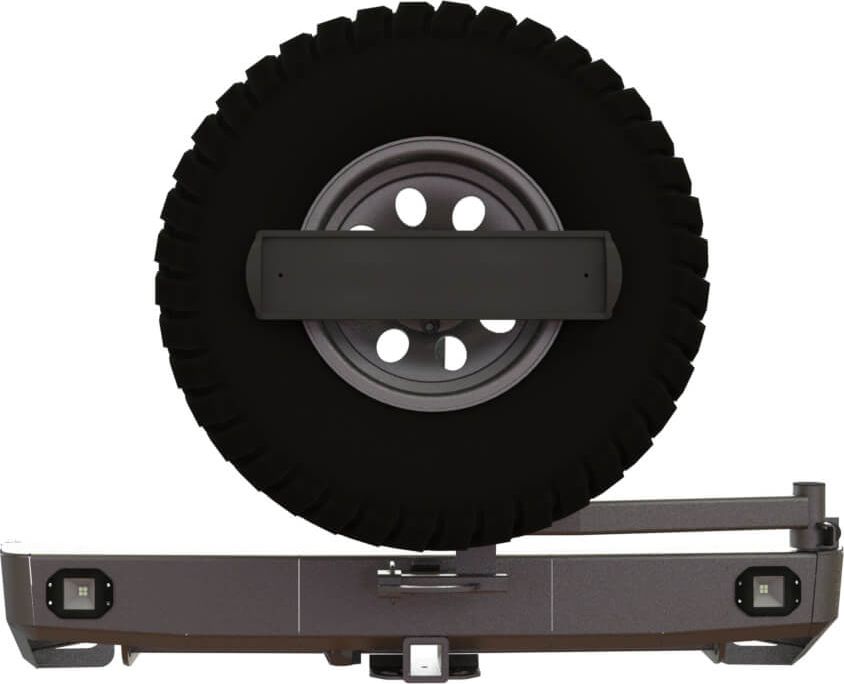 Бампер силовой STC задний для Mitsubishi Pajero Sport II 2008-2015 c квадратом под фаркоп, кронштейном крепления запасного колеса по центру, кронштейном крепления гос номера и фарами заднего хода/ ПТФ. Артикул STC-MPS2-BR-C1-L2