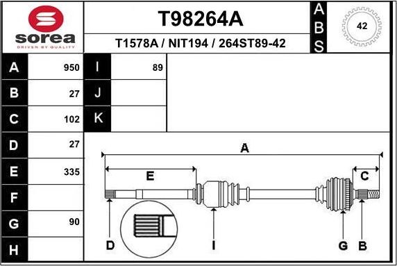 Полуось (привод в сборе, приводной вал) EAI. Артикул T98264A