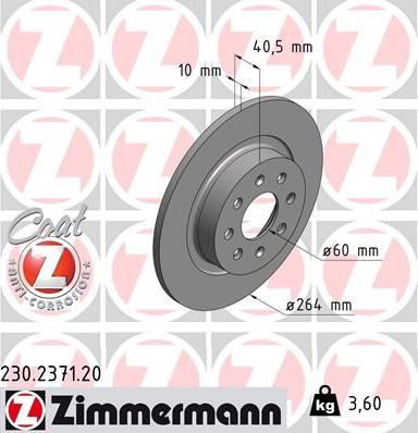 Тормозной диск Zimmermann Coat Z задний для Opel Adam I 2012-2019. Артикул 230.2371.20