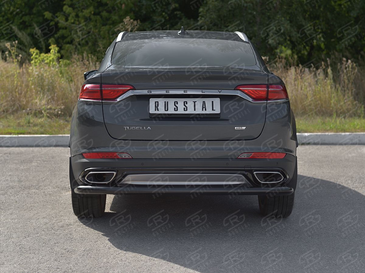 Защита RusStal заднего бампера d63 (секции) для Geely Tugella 2020-2026 Черная. Артикул GTGZ-003947CH