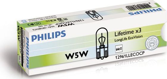 W5W 12V-5W (W2,1x9,5d) (увелич. срок службы) LongLife EcoVision Philips LongLife EcoVision. Артикул 12961LLECOCP