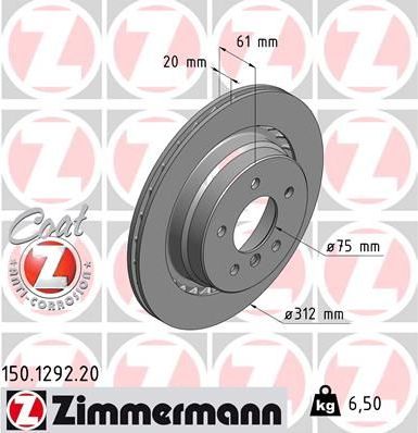 Тормозной диск Zimmermann Coat Z задний левый для BMW Z3 I 1997-2003. Артикул 150.1292.20