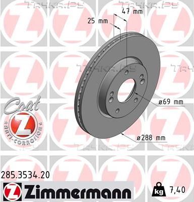 Тормозной диск Zimmermann Coat Z передний для Kia Ceed III 2018-2026. Артикул 285.3534.20