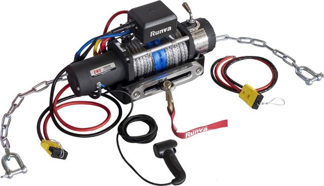 Переносная лебёдка РИФ: 12V Runva 10000 lbs 4500 кг c облегчённой площадкой на цепях и проводами (синт. трос) РИФ. Артикул EWX10000SR-KIT1