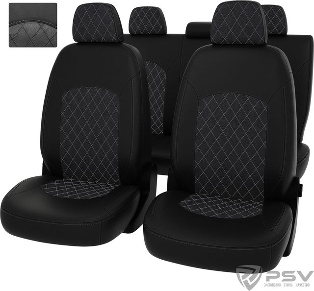 Чехлы PSV Оригинал Люкс (5 п/г дел.) (экокожа + алькантара) на сидения для Lada Granta 2011-2018, цвет Ромб Черный/отстрочка серая. Артикул 132647