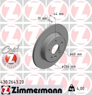 Тормозной диск Zimmermann Coat Z задний для Opel Astra K 2015-2026. Артикул 430.2643.20