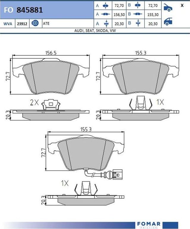 Тормозные колодки Fomar передние для Audi A3 II (8P) 2003-2009. Артикул FO 845881