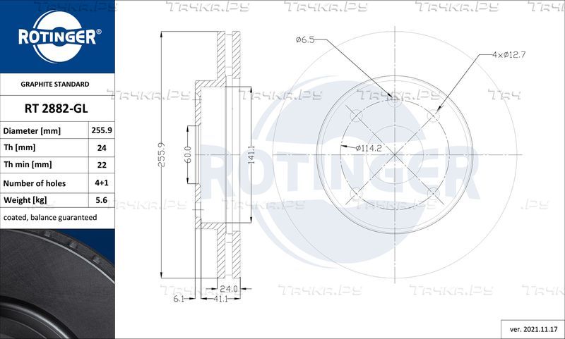 Тормозной диск Rotinger GRAPHITE LINE передний для Chevrolet Nubira 2005-2011. Артикул RT 2882-GL